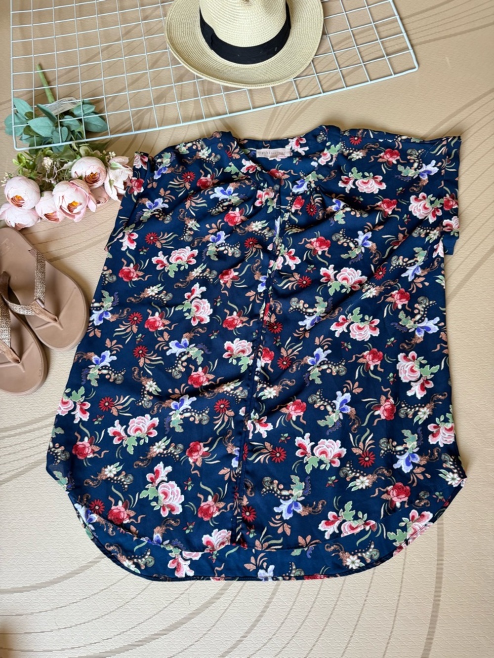 Philosophy Navy Floral Button-Front Top with Red & Pink Accents